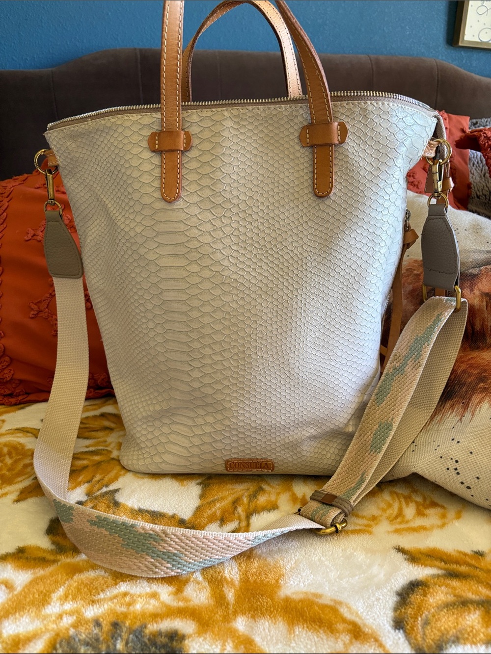 Consuela Thunderbird Cream Textured Tote with Tan Handles and Patterned Strap